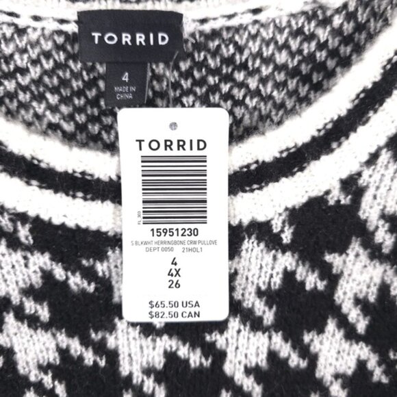 NWT TORRID Crew Nk Herringbone Pullover Sweater Houndstooth Black & White Size 4 - Picture 12 of 15